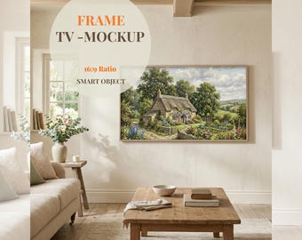 TV-Rahmen-Modell, 16: 9-Format für TV-Kunst, englisches Cottage Kitchen Interior, Psd Smart-Objekt, rustikale Bauernhausküche TV-Modell Psd
