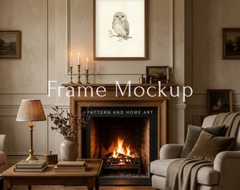 English Cottage Fireplace Mockup, Cozy Night Art Display, 4x5 Vertical PSD, Vintage Country Living Room Mockup, Mantelpiece Frame, Warm Glow