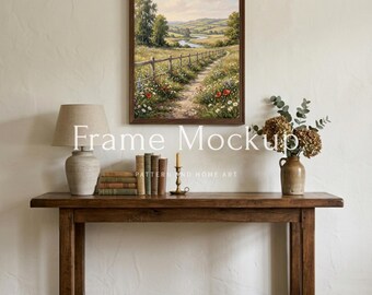 English Cottage Frame Mockup, Console Table Art Display, 4x5 Vertical PSD Mockup, Vintage Interior Mockup, Country Style Entryway Mockup PSD