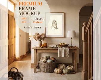 Peacock Painting Frame Mockup, Moody Vintage Portrait Wall Art Display, Autumn Entryway Console Table Mockup, PSD JPG Digital Download