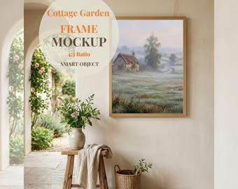 Rustikales Wandmockup 100x150, Mediterrane Cottage Kunst, Holzrahmen Mockup, Smart Objekt PSD, Canva Hintergrund, Wildblumenvase Dekor