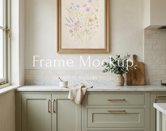 4x5 Vertical Wood Frame Mockup, Sage Green Kitchen Interior PSD, Smart Object Wall Art Mockup, Modern Farmhouse Kitchen Mockup, Print Mockup