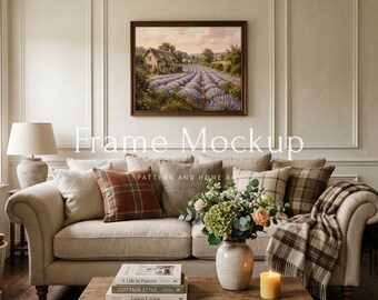 5x4 Horizontal Frame Mockup Cozy Living Room Fireplace, English Cottage Interior, Farmhouse Sofa Art Display, Rustic Home Decor PSD JPG