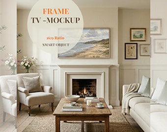 Samsung Frame TV Mockup, 16: 9 Ratio TV Art Display, Englisches Cottage Schlafzimmer Interieur, Psd Smart-Objekt, helles Botanisches TV-Mockup Psd