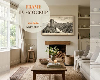 Samsung Frame TV Mockup, 16: 9 Verhältnis TV Art Display, Englisches Cottage Wohnzimmer, Psd Smart-Objekt, helles Botanisches TV-Mockup Psd