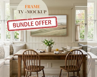 5 TV-Rahmen Mockup Bundle Vol 1, Samsung Frame TV Mockup, Bauernhaus Wohnzimmer Innenraum, TV-Kunst-Display, Smart-Objekt Psd Canva Jpg-Download
