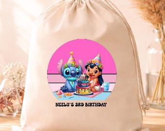 Personalized Disney Stitch Lilo Angel Birthday Party Bags: Custom Name Cotton Pouches (Kids Party)