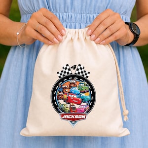 Bolsa personalizada de cumpleaños con diseño de coches: bolsa de algodón para regalos de fiesta (Jackson)