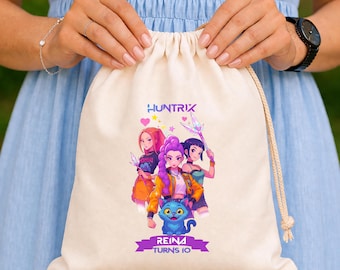 Custom Huntrix Birthday Party Bags | KPOP Demon Hunters Favor Kit | Cotton Drawstring Pouch