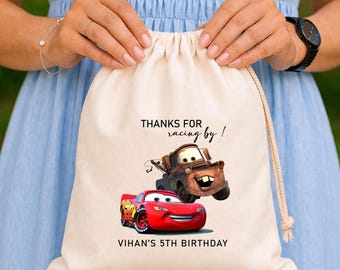 Personalized Cars Birthday Party Favor Bag: Custom name cotton Treat Pouch, Lightening McQueen Theme, Gift Sack boy racing celebration Bag