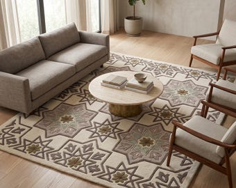 Peut inclure: Un grand tapis rectangulaire au fond crème orné d'un motif géométrique répétitif d'étoiles à huit branches dans des tons de brun sourd, de vert sauge et de rose pâle, avec une texture à poils épais et des bordures brodées bien définies.