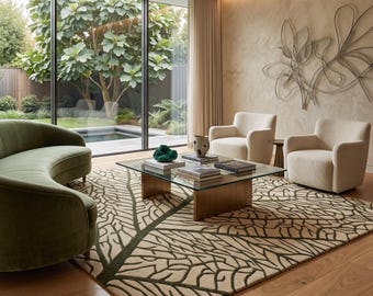 Peut inclure: Un salon comprenant un canapé incurvé en velours vert olive, deux fauteuils couleur crème et une table basse carrée en verre avec une base en laiton. Un grand tapis à motif de nervures de feuilles vert foncé recouvre le parquet clair.