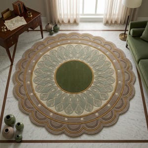 May include: A large, round area rug featuring a scalloped edge and a central dark green circle surrounded by concentric rings of sage green, cream, and tan. The design includes repeating petal-like motifs and small cream dots arranged in a circular pattern.