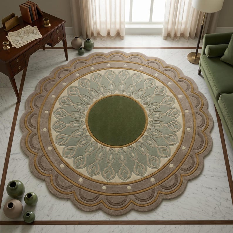May include: A large, round area rug featuring a scalloped edge and a central dark green circle surrounded by concentric rings of sage green, cream, and tan. The design includes repeating petal-like motifs and small cream dots arranged in a circular pattern.