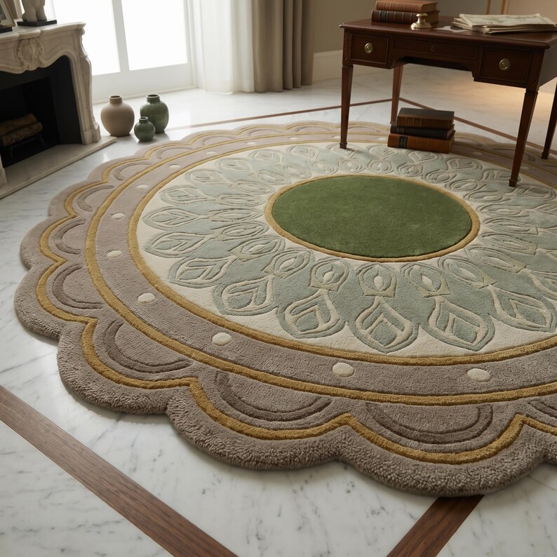 May include: A large, round area rug featuring a central solid green circle surrounded by a cream-colored band with a repeating sage green petal pattern. The outer border consists of concentric rings in mustard yellow and taupe with a scalloped edge.