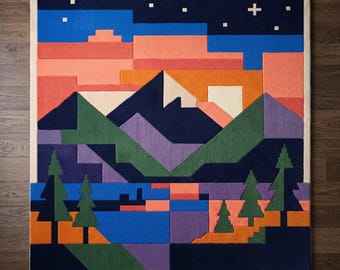 Peut inclure: Un tapis carré présentant un motif de paysage géométrique avec un ciel nocturne bleu foncé, de petites étoiles blanches et une chaîne de montagnes dans des tons de bleu foncé, violet et vert. Le premier plan inclut des sapins verts stylisés.
