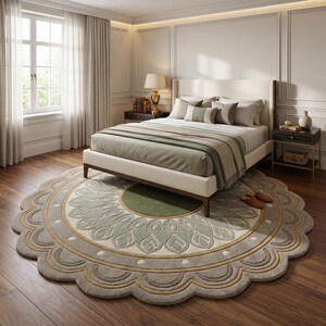 May include: A large, circular area rug featuring a scalloped edge and a central medallion design. The rug displays a color palette of sage green, cream, and muted gold, with concentric patterns radiating from a solid dark green center circle.