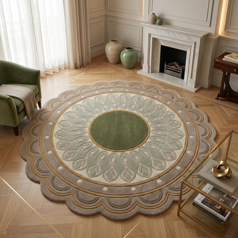 May include: A large, round area rug featuring a scalloped edge and a central dark green circle. The design includes concentric rings of light green, cream, and tan, with a repeating leaf-like pattern radiating outward from the center.