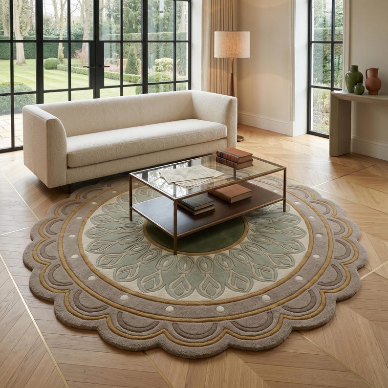 May include: A large, circular area rug featuring a scalloped edge and a central mandala-inspired pattern. The design incorporates concentric rings in shades of sage green, cream, mustard yellow, and taupe, with a tufted, textured surface finish.