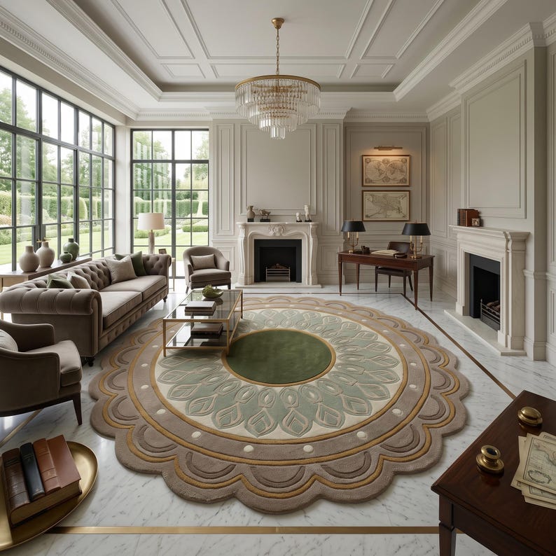 May include: A large circular area rug featuring a central dark green circle surrounded by concentric layers of sage green, beige, and brown scalloped patterns. The rug has a distinct floral-inspired design with rounded edges and a textured surface.