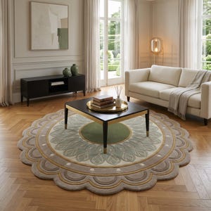 May include: A large, round, scalloped-edge area rug featuring a central olive green circle surrounded by concentric rings of sage green, cream, and tan. The design includes stylized petal motifs and small white dots, creating a layered, floral-inspired pattern.