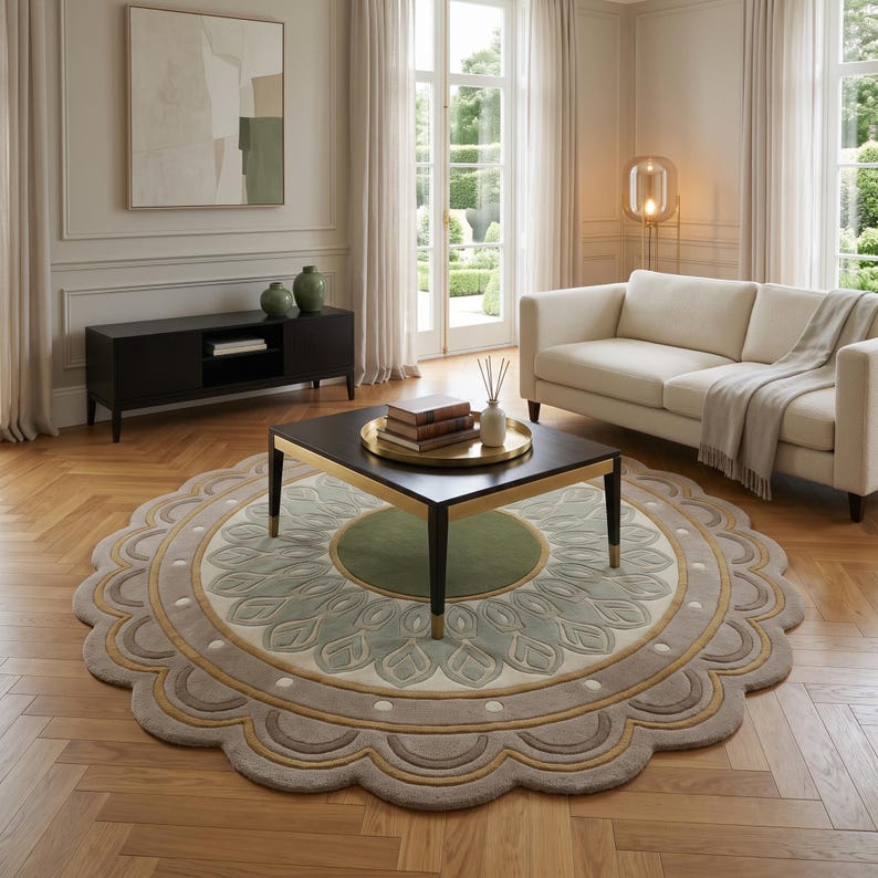 May include: A large, round, scalloped-edge area rug featuring a central olive green circle surrounded by concentric rings of sage green, cream, and tan. The design includes stylized petal motifs and small white dots, creating a layered, floral-inspired pattern.