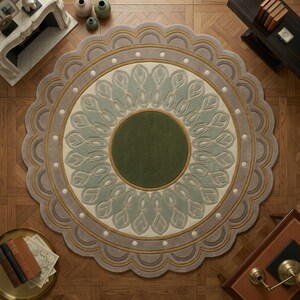 May include: A round area rug featuring a solid dark green center circle surrounded by a ring of light blue petal-like shapes on a cream background. The outer border consists of scalloped edges in shades of tan and gray with small white dots.