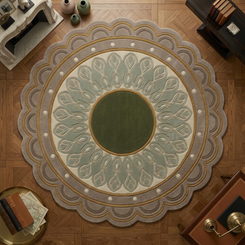 May include: A round area rug featuring a solid dark green center circle surrounded by a ring of light blue petal-like shapes on a cream background. The outer border consists of scalloped edges in shades of tan and gray with small white dots.