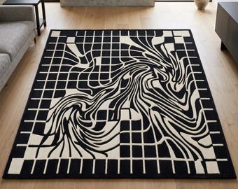 Peut inclure: Un tapis rectangulaire présentant un motif contrasté noir et blanc cassé. Le design associe une grille structurée de carrés à des lignes fluides, déformées et ondulées qui semblent distordre la disposition géométrique sur la surface.