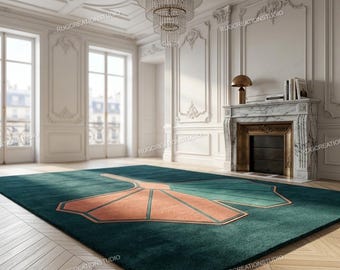 Peut inclure: Un grand tapis rectangulaire au fond bleu sarcelle profond orné d'un motif géométrique central en forme de feuille de ginkgo dans des tons pêche et orange, souligné par de fines lignes, posé sur un parquet en chevrons clair.