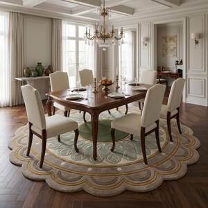 May include: A rectangular wooden dining table with six upholstered cream chairs arranged on a large, round, scalloped-edge rug featuring concentric patterns in shades of green, beige, and gold, set beneath a crystal chandelier in a room.