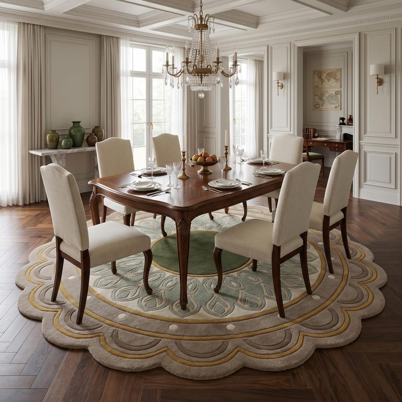 May include: A rectangular wooden dining table with six upholstered cream chairs arranged on a large, round, scalloped-edge rug featuring concentric patterns in shades of green, beige, and gold, set beneath a crystal chandelier in a room.
