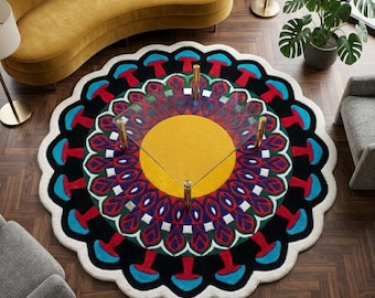 May include: A large, circular area rug featuring a vibrant, multi-colored mandala-inspired pattern with a central yellow circle, concentric rings of red, blue, green, and white, and a scalloped edge with alternating red and blue mushroom shapes.