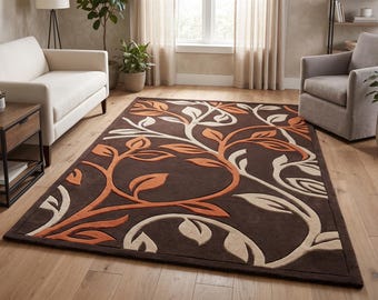 Hand Tufted New Zealand Wool Rug, Rust Orange Soft Beige and Dark Brown Area Rug, Abstract Leaf Pattern Modern Carpet, Nature Inspired Rug