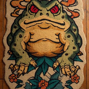 May include: A beige, frog-shaped rug with a detailed illustration. The frog is green and yellow with red eyes, surrounded by orange and yellow smoke-like designs. The rug features a floral design at the bottom and the word "RUM" is visible.
