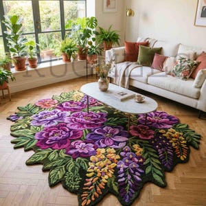 May include: An irregularly shaped area rug featuring a vibrant floral pattern with large purple, pink, and magenta peonies, alongside yellow and purple wisteria clusters, all set against a dark green background with detailed leaf motifs.