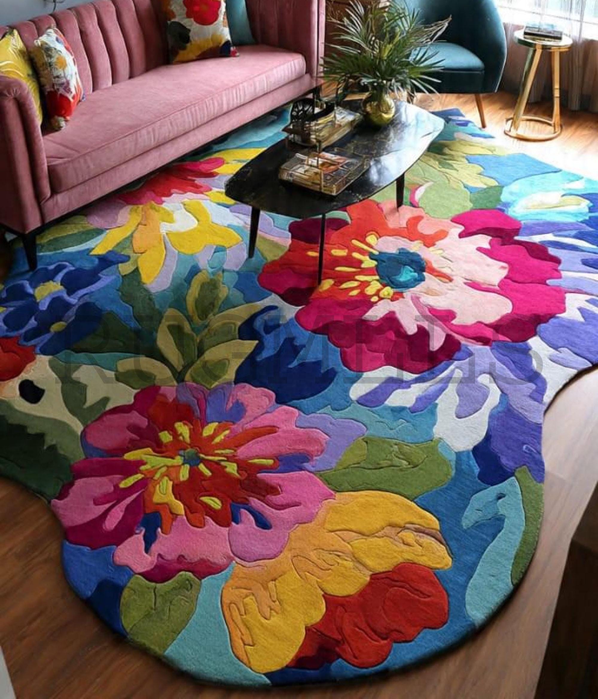 青い花柄ラグ フリンジ付き　ウールラグ 青い花柄のラグ - Etsy 日本