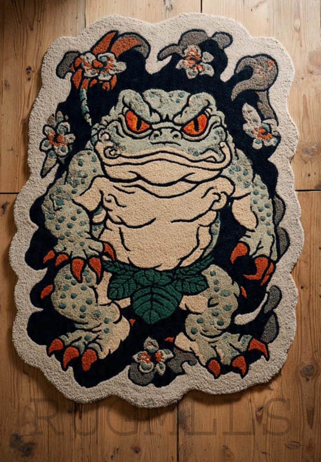 Japanese Frog Ronin Rug: Tattoo Art Wool Carpet, Oni Mask - Etsy
