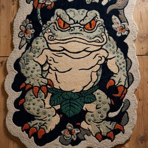 Japanese Frog Ronin Rug: Tattoo Art Wool Carpet, Oni Mask