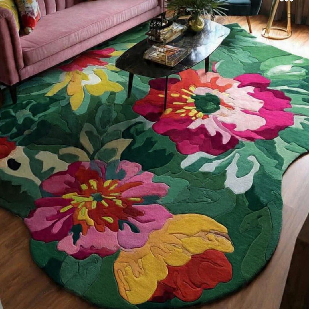 Vibrant Abstract Green Floral Rug – Irregular Multicolor Fluid Art ...