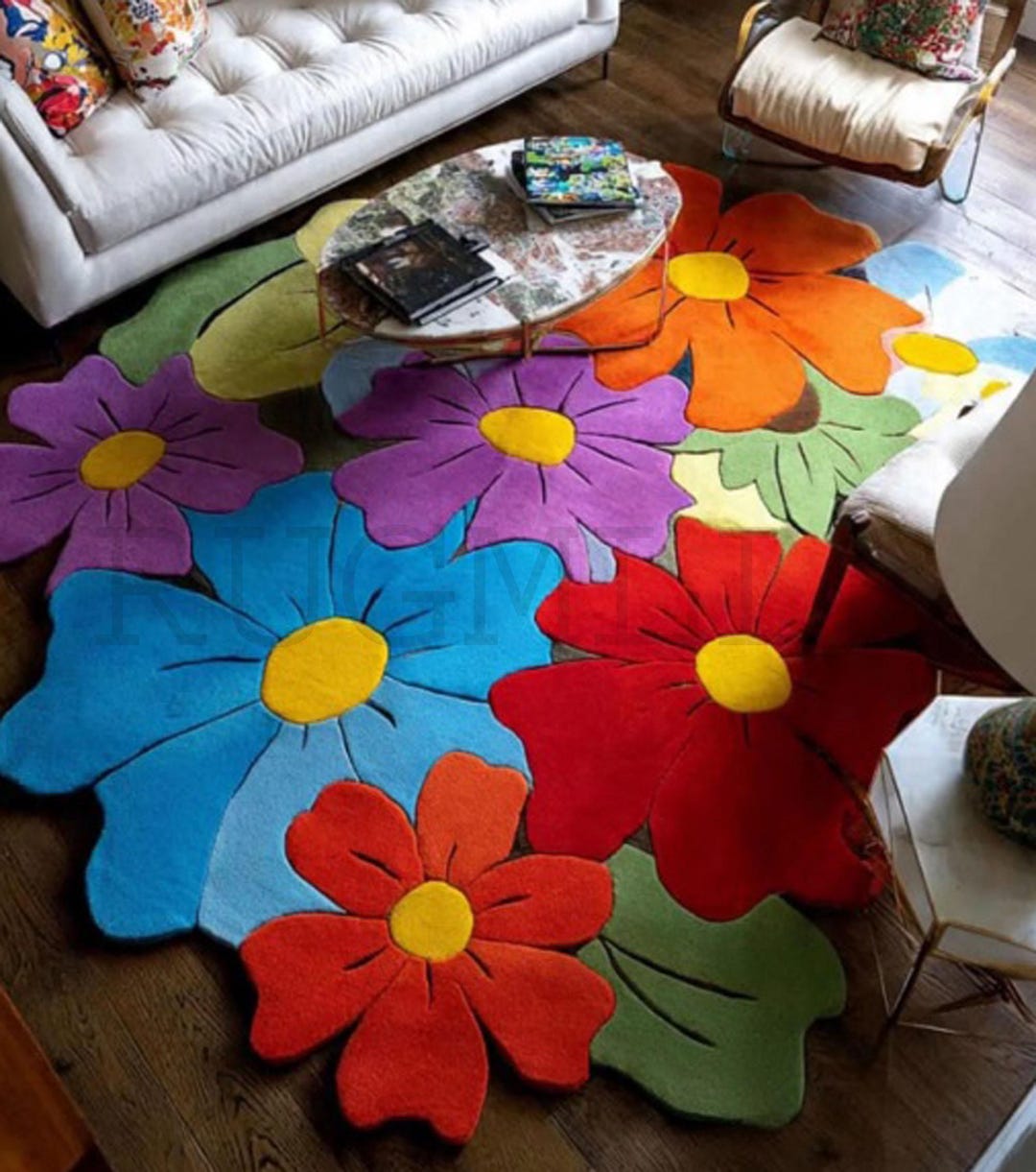 Vibrant Floral Rug With Irregular Shape – Artistic Statement for Modern ...