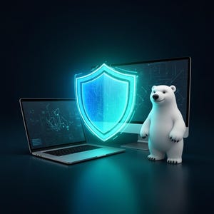 Könnte beinhalten: Eine digitale Illustration mit einem Laptop, einem Desktop-Computer und einem leuchtenden blauen Schildsymbol, das Cybersicherheit symbolisiert. Ein weißer Eisbär steht neben dem Computer. Die Bildschirme zeigen Leiterplatten-ähnliche Grafiken vor einem dunkelblauen Hintergrund.