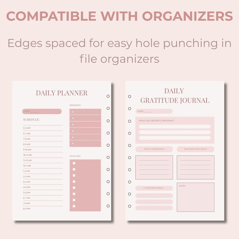 May include: Two-page spread of planner and gratitude journal inserts. The inserts are light pink and white with black text. The planner includes a schedule and to-do list. The gratitude journal has prompts for daily reflection.