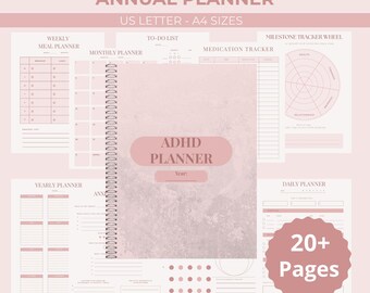 ADHD Annual Planner Printable | Undated Life Organizer | Daily Weekly Monthly Planner | Self-Care, Mood, Focus & Habit Tracker | Digital PDF
