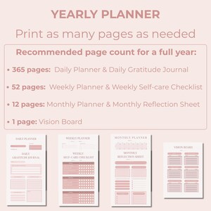 May include: A yearly planner with a pink and white design. The text reads "YEARLY PLANNER" and "Print as many pages as needed." Includes recommended page counts for daily, weekly, and monthly planners, and a vision board. The planner pages are displayed below.