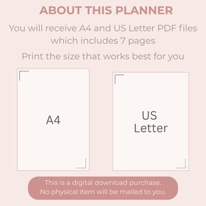 May include: A digital planner product image with text that reads "ABOUT THIS PLANNER". It includes A4 and US Letter PDF files with 7 pages. The image also states "This is a digital download purchase. No physical item will be mailed to you."