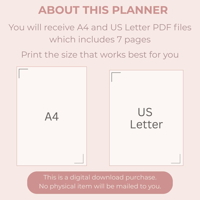 May include: A digital planner product image with text that reads "ABOUT THIS PLANNER". It includes A4 and US Letter PDF files with 7 pages. The image also states "This is a digital download purchase. No physical item will be mailed to you."