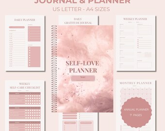 Självkärleksplanerare och journal utskrivbar – Daglig, veckovis, månadsvis och årlig planerare, självvård, tacksamhet och reflektion, digital nedladdning