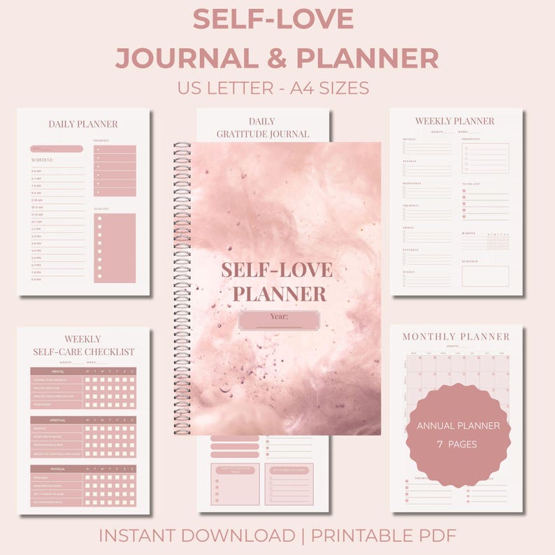 May include: A collection of printable self-love journals and planners in US Letter and A4 sizes. The design features a pink and white watercolor background. Includes daily, weekly, and monthly planners, a gratitude journal, and a self-care checklist.