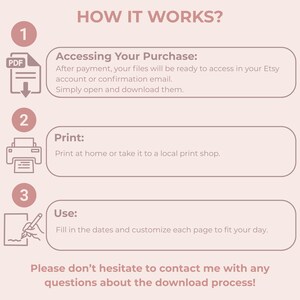 May include: A light pink graphic with the text "HOW IT WORKS?" and numbered steps. The steps explain how to access, print, and use a digital download. The text also includes a call to contact the seller with questions about the download process.